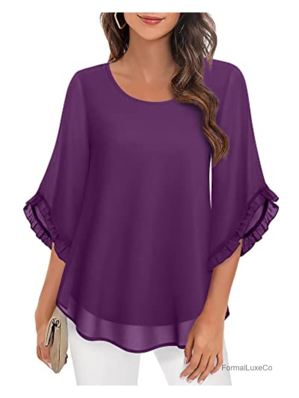Women's Chiffon Ruffle Sleeve Blouse Flowy Tunic Top Loose Fit